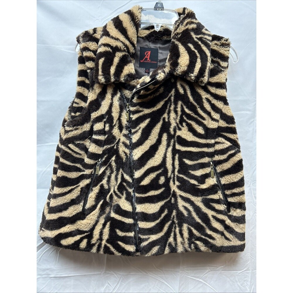 Adrienne Landau M Zebra Faux Fur Best Oversized Animal Print Full Zip Brown